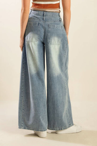 Flared Denim Trousers with Braided Pockets