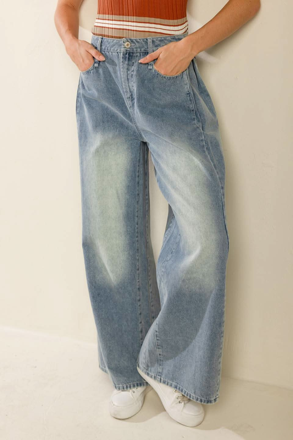 Flared Denim Trousers with Braided Pockets