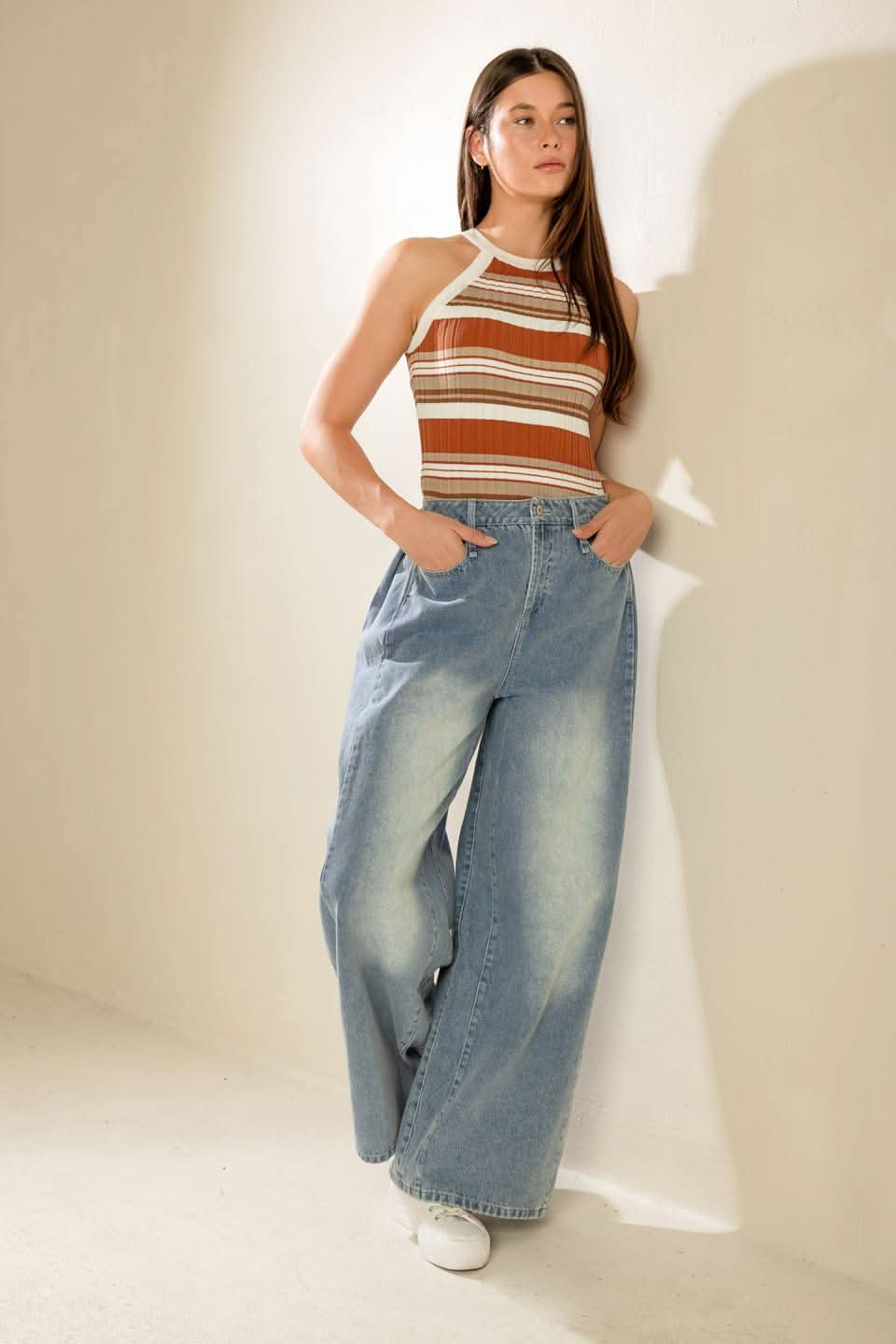 Flared Denim Trousers with Braided Pockets