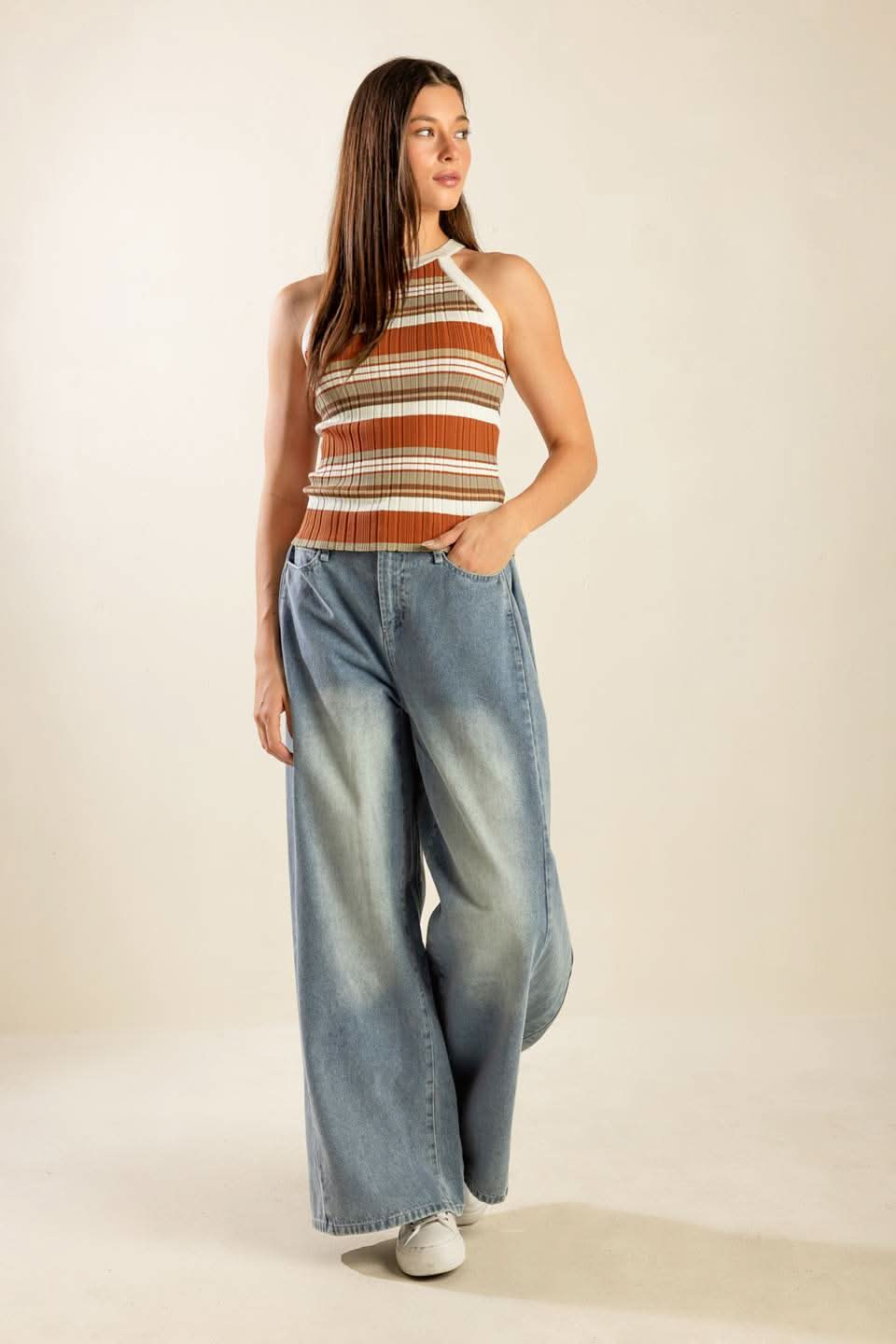 Flared Denim Trousers with Braided Pockets