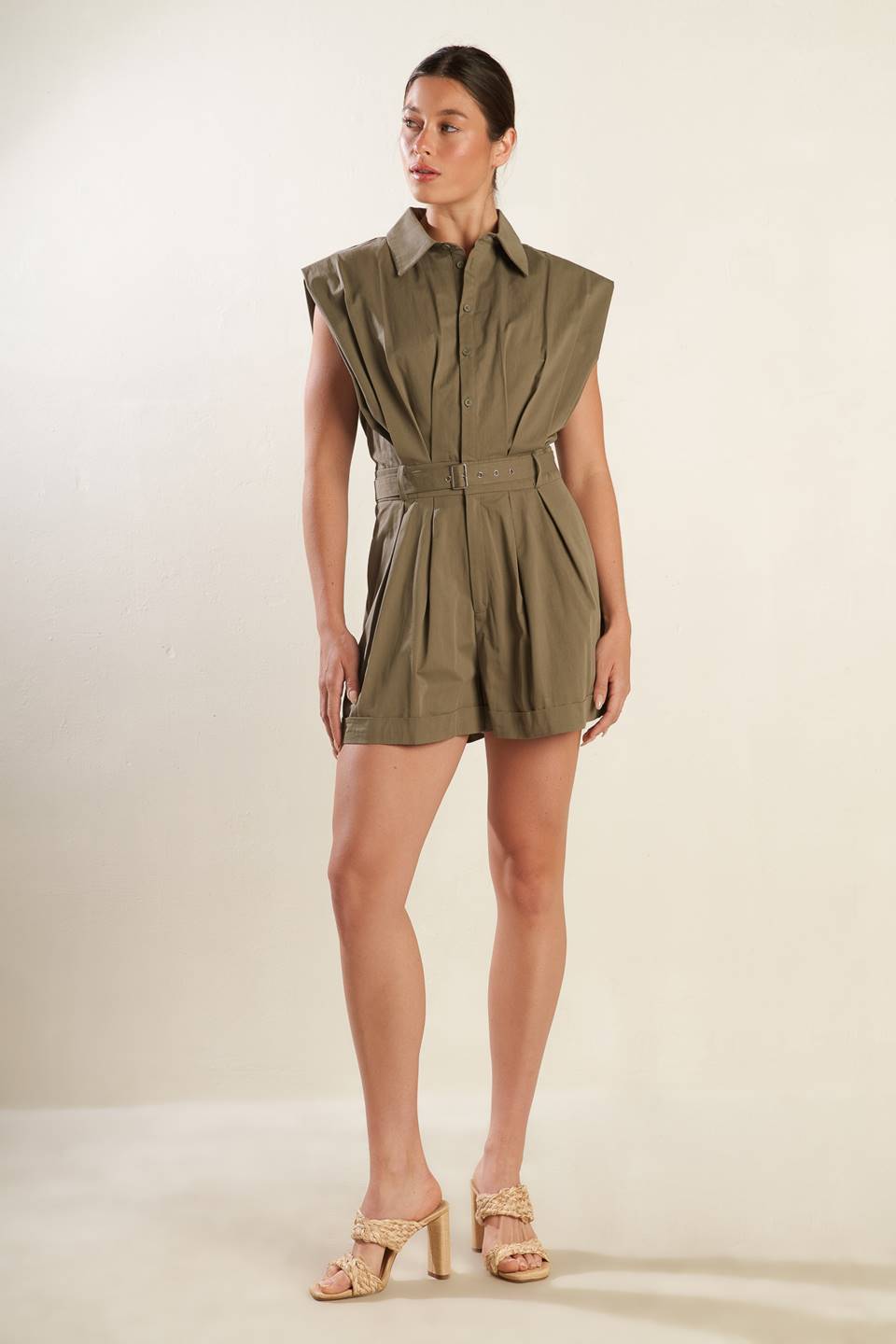 Heart Of A Woman Woven Romper With Belt And Pockets