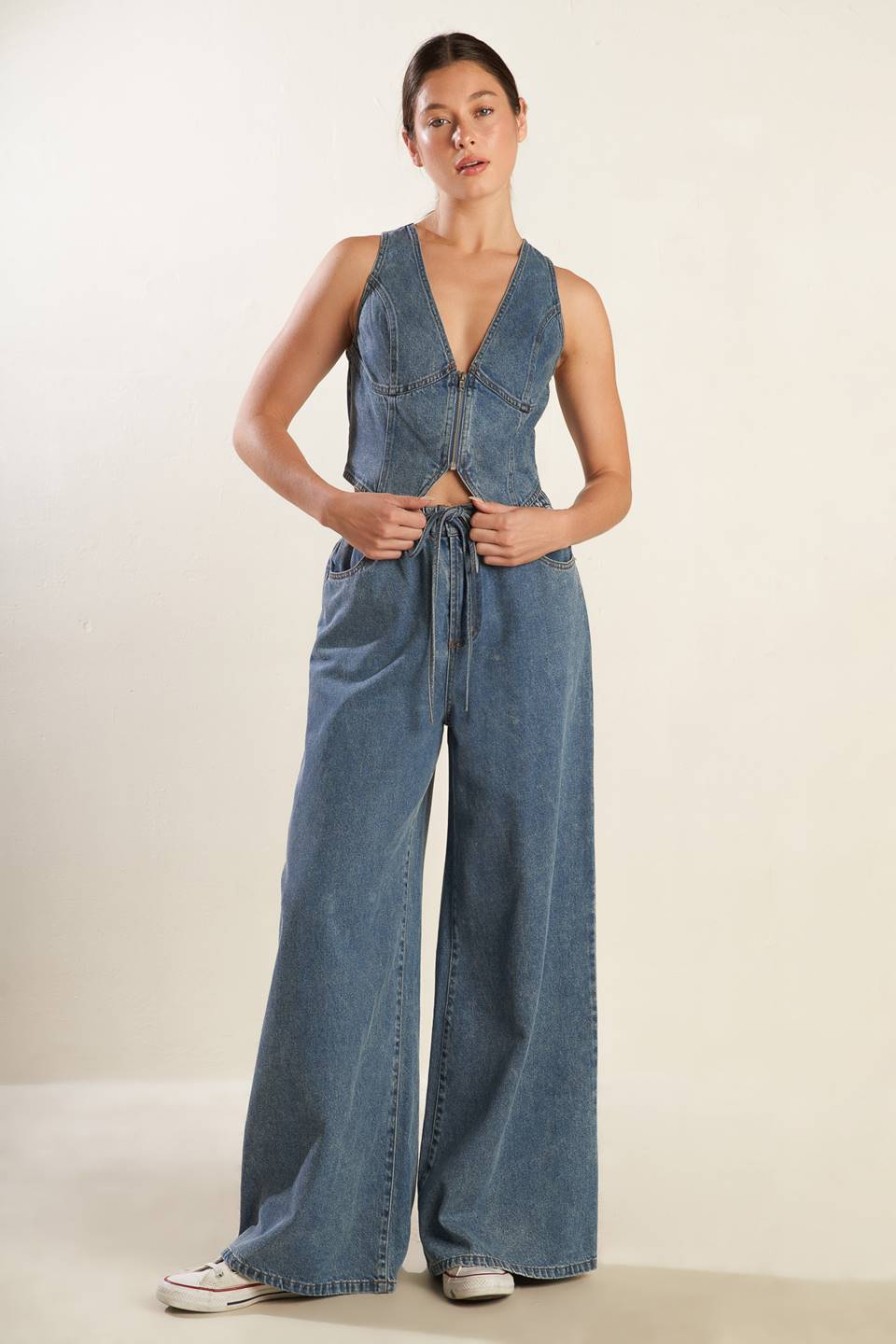 Forever Young Denim Pants With Elastic Waist And Pockets