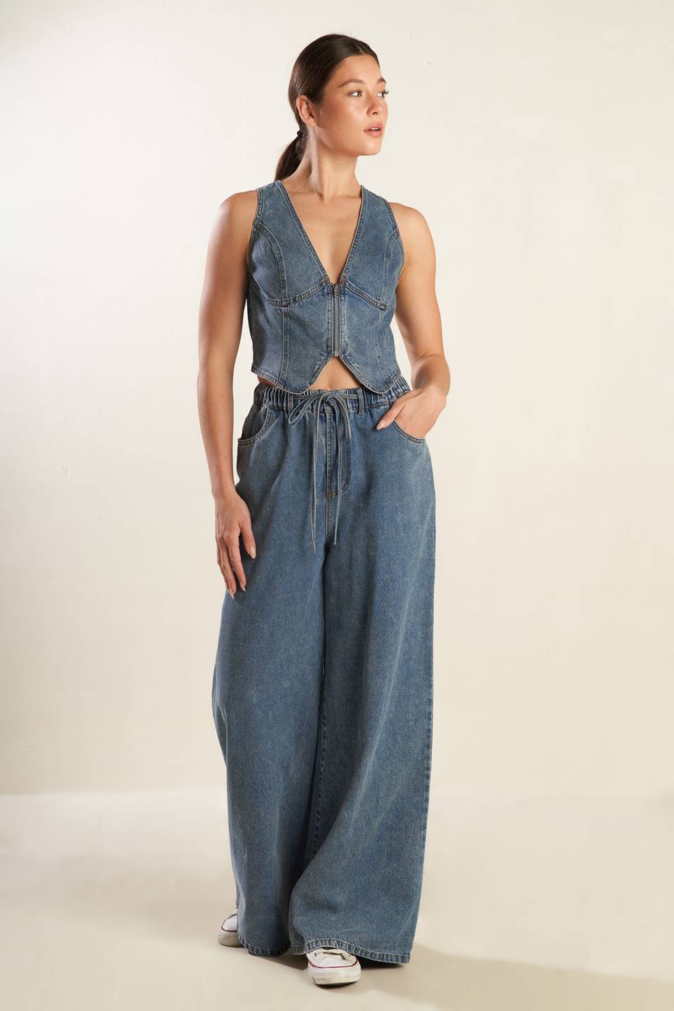 Forever Young Denim Pants With Elastic Waist And Pockets