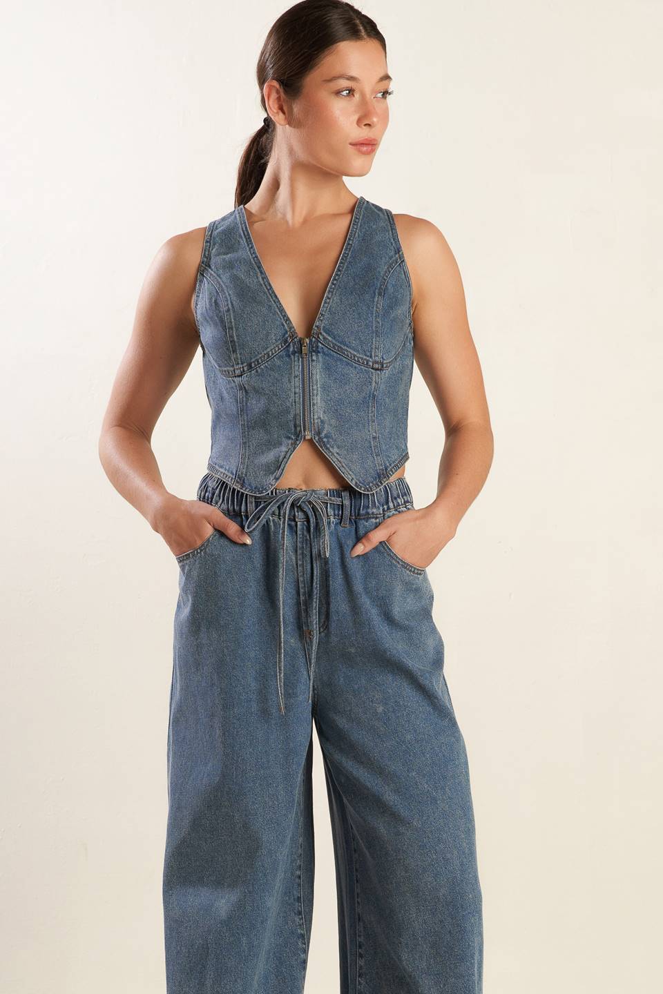 Forever Young Denim Pants With Elastic Waist And Pockets