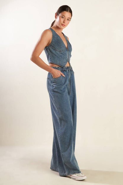 Forever Young Denim Pants With Elastic Waist And Pockets