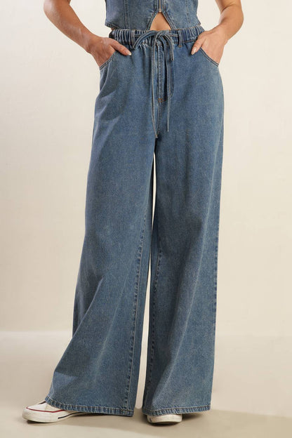 Forever Young Denim Pants With Elastic Waist And Pockets