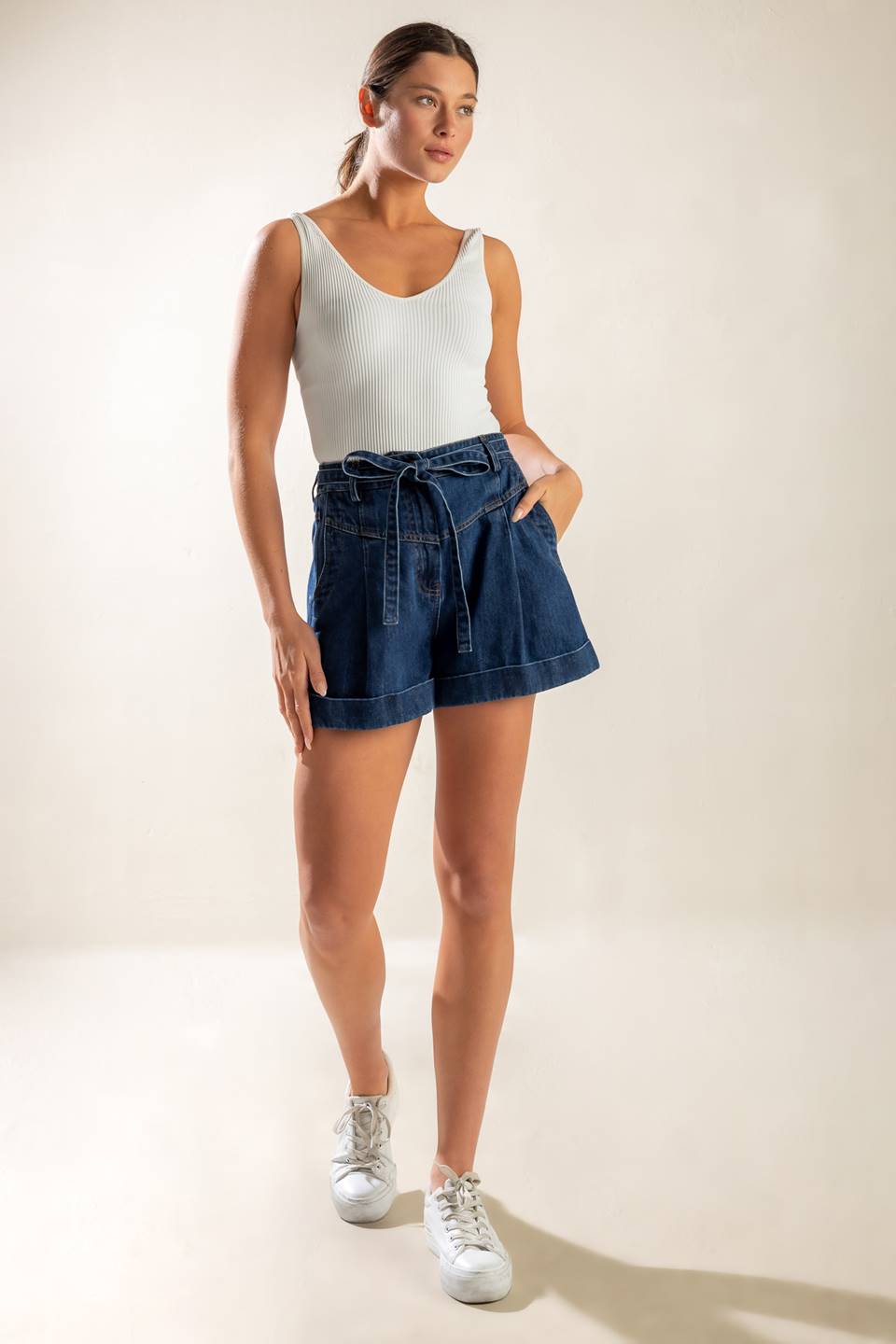 Walk In The Park Denim Shorts With Cuffed Hem And Sash