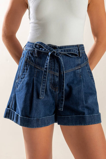 Walk In The Park Denim Shorts With Cuffed Hem And Sash