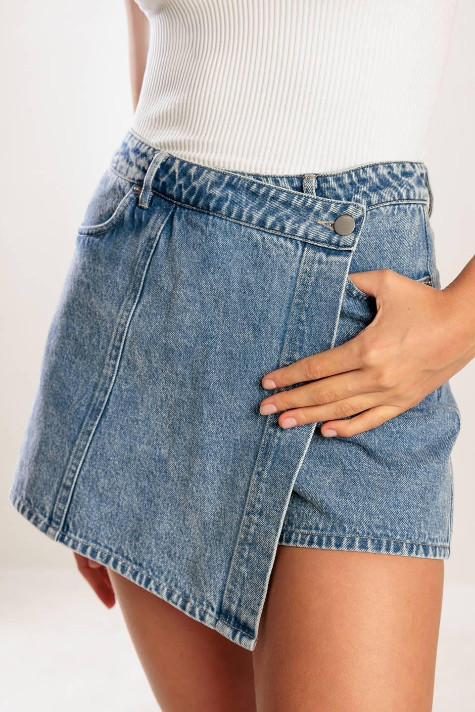 Flying Tomato By Chance Denim Skort, a versatile blue denim skort for quality-focused fashion. Perfect for everyday wear.