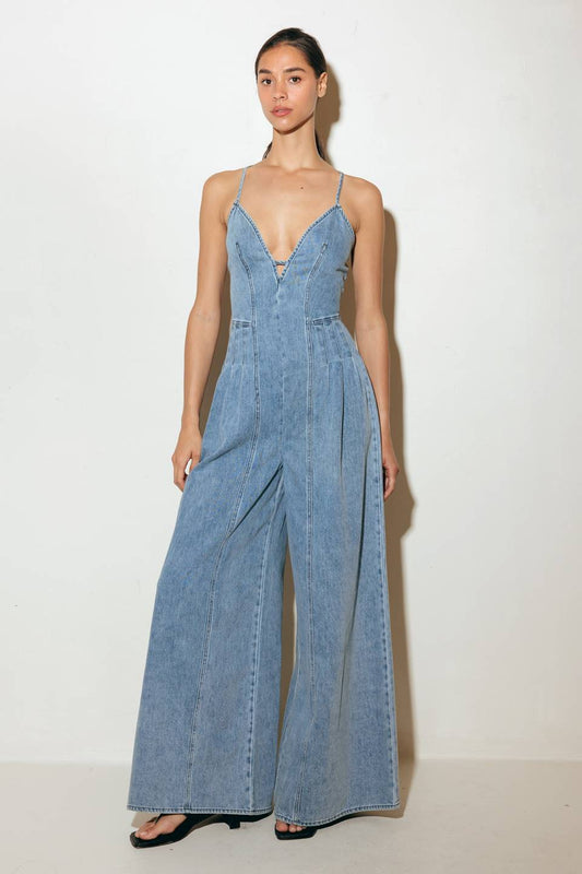 Washed Denim Jumpsuit With Pintuck Pleats And Bare Back Straps Flying Tomato