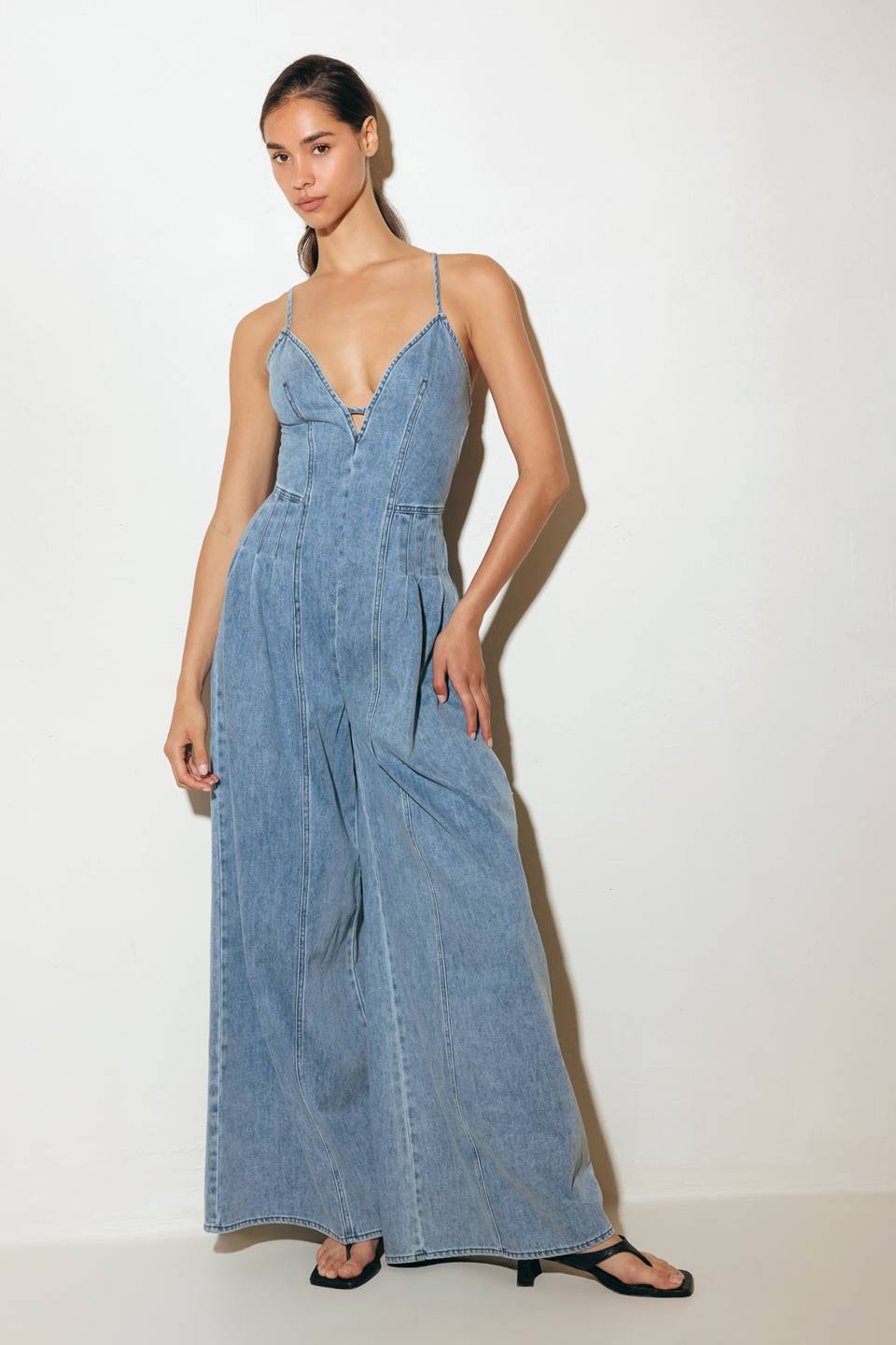 Washed Denim Jumpsuit With Pintuck Pleats And Bare Back Straps Flying Tomato
