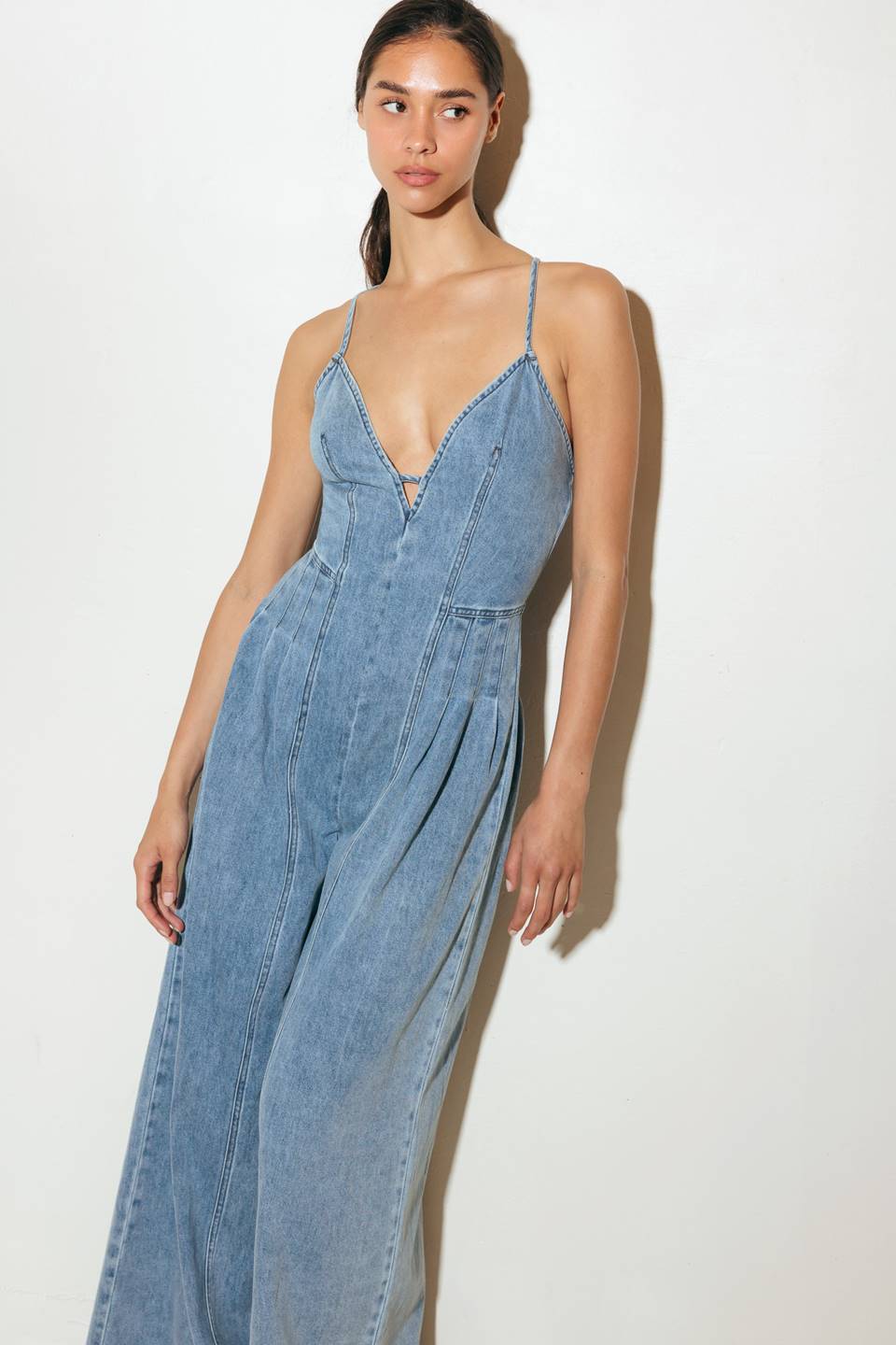 Washed Denim Jumpsuit With Pintuck Pleats And Bare Back Straps Flying Tomato