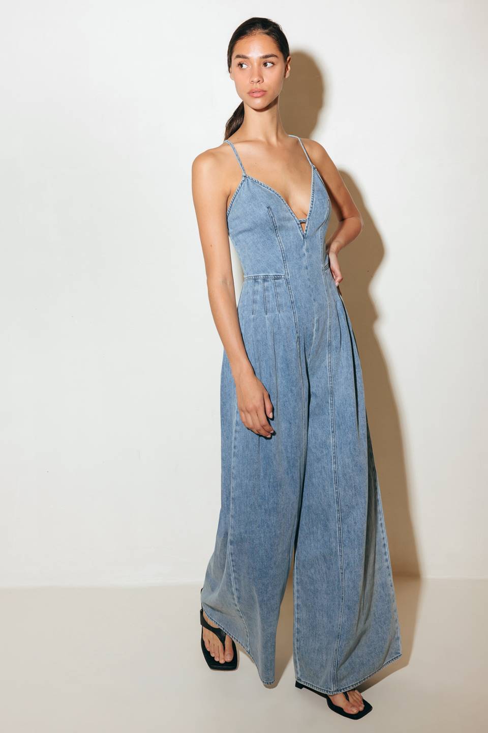 Washed Denim Jumpsuit With Pintuck Pleats And Bare Back Straps Flying Tomato