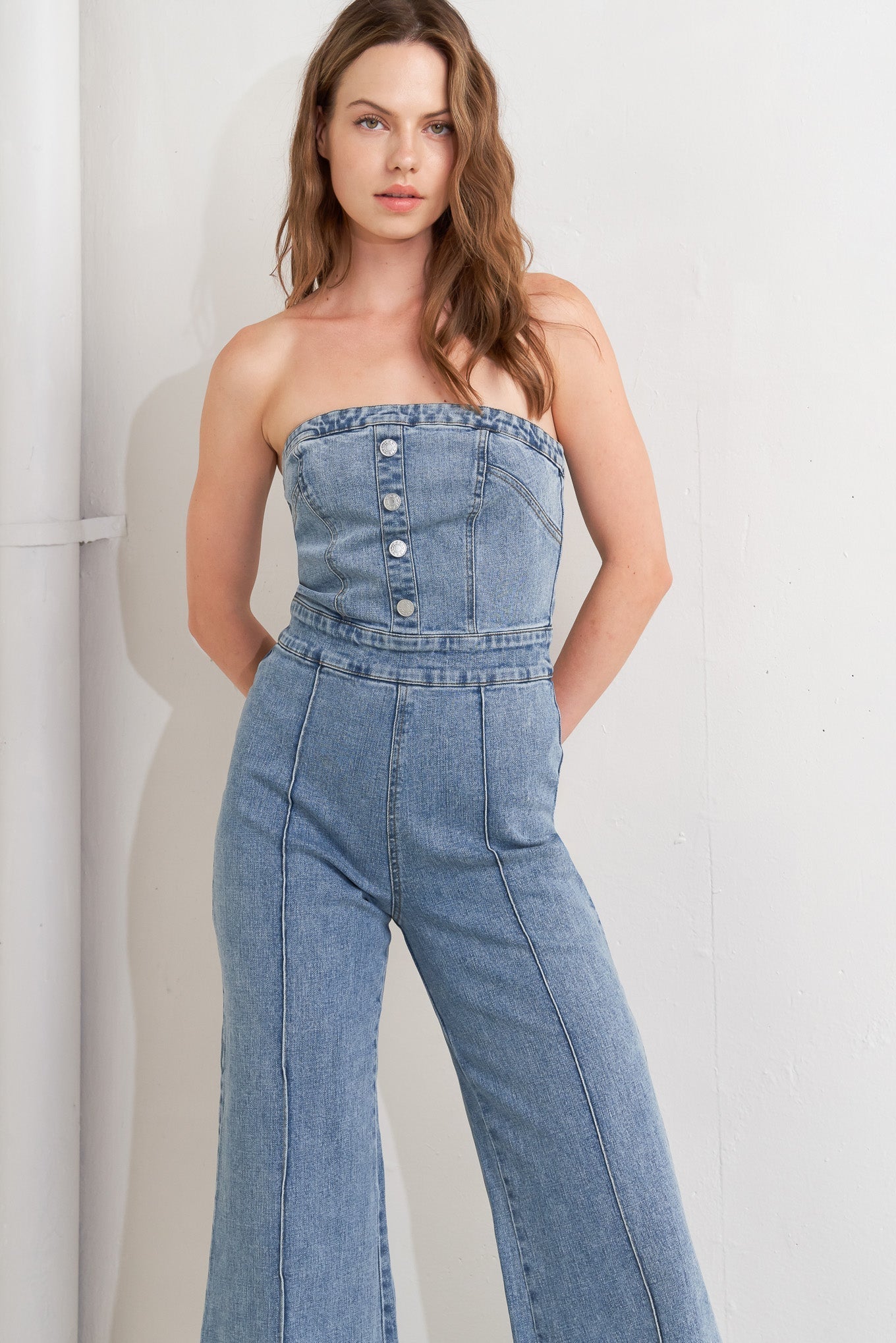 URBAN STRAPLESS DENIM JUMPSUIT Flying Tomato
