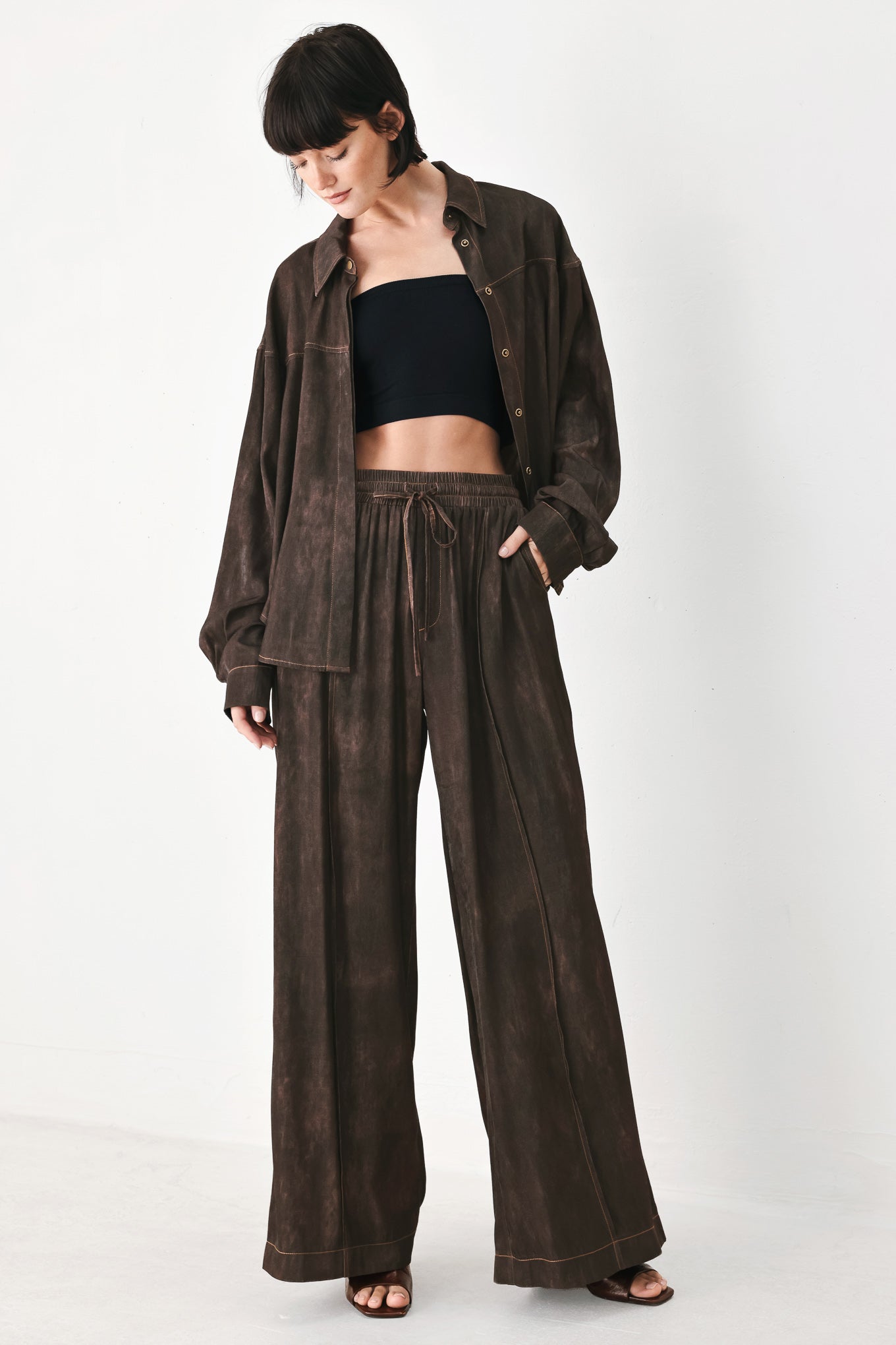 Dark Brown Washed Wide Leg Lounge Pants With Elastic Waist Tie