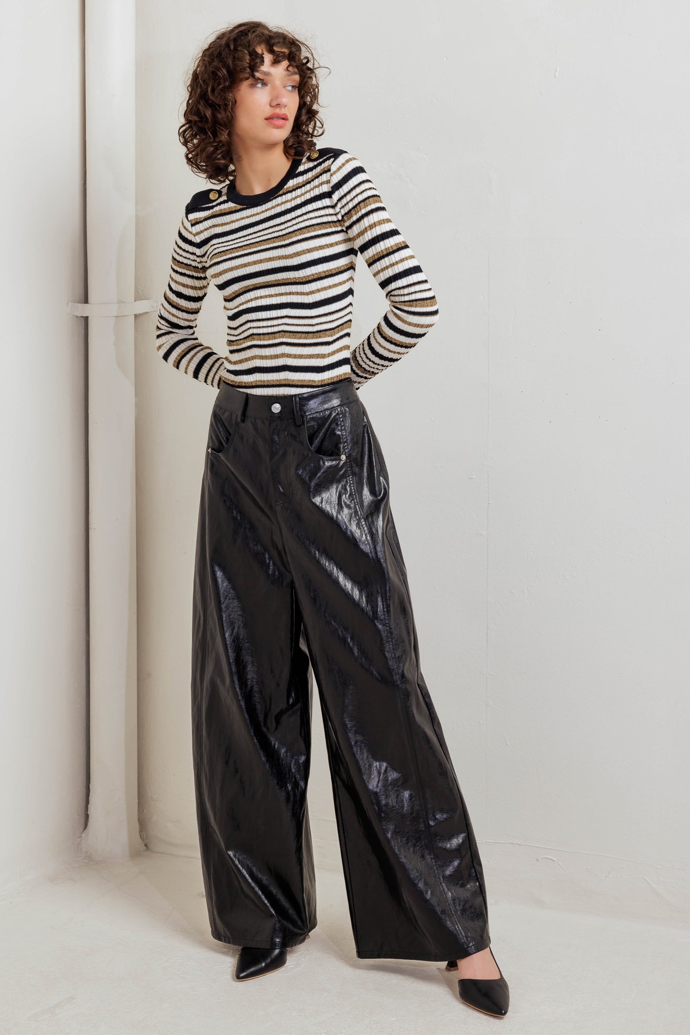 GLOSSY CITY STRIPES FAUX LEATHER PANTS Flying Tomato