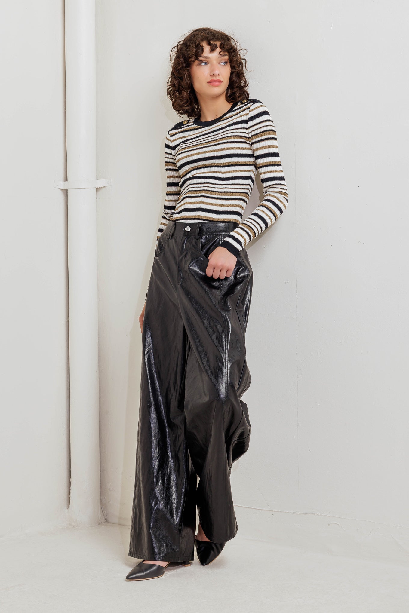 GLOSSY CITY STRIPES FAUX LEATHER PANTS Flying Tomato
