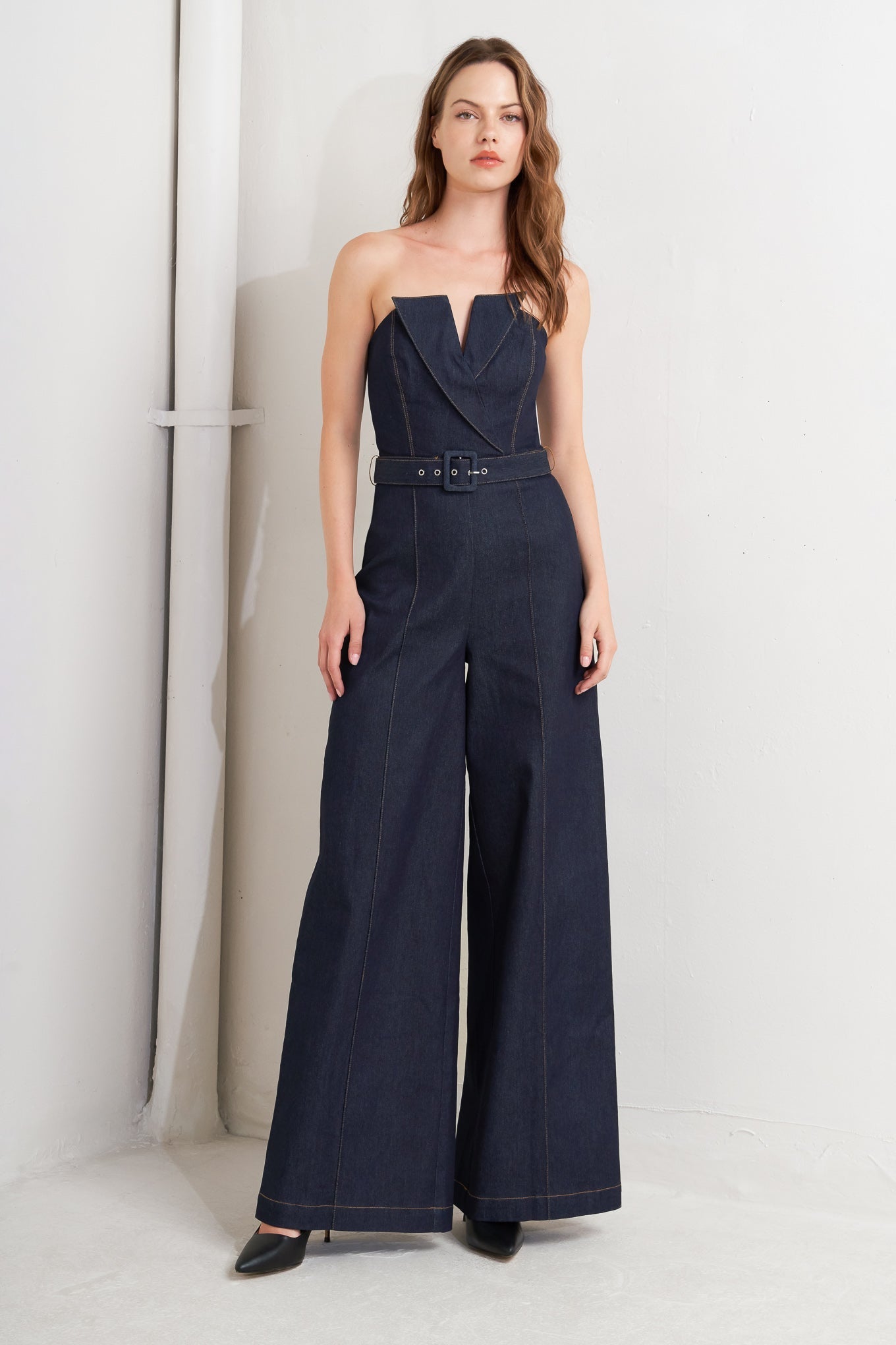 LE BONHEUR V CUT VOW DENIM JUMPSUIT Flying Tomato