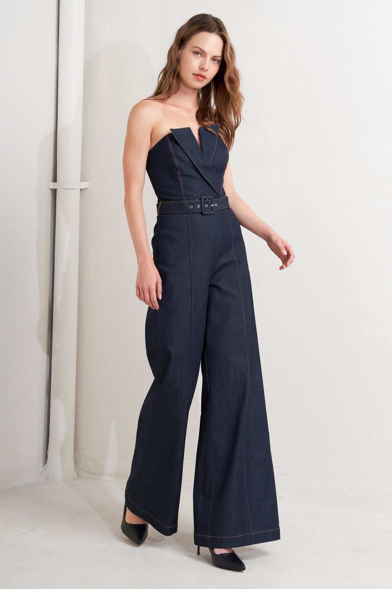 LE BONHEUR V CUT VOW DENIM JUMPSUIT Flying Tomato