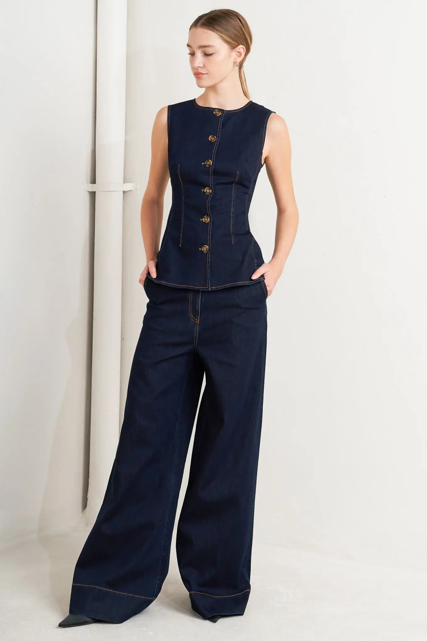 Euro City Denim Pants Wide Leg Front Closure Pockets Flying Tomato
