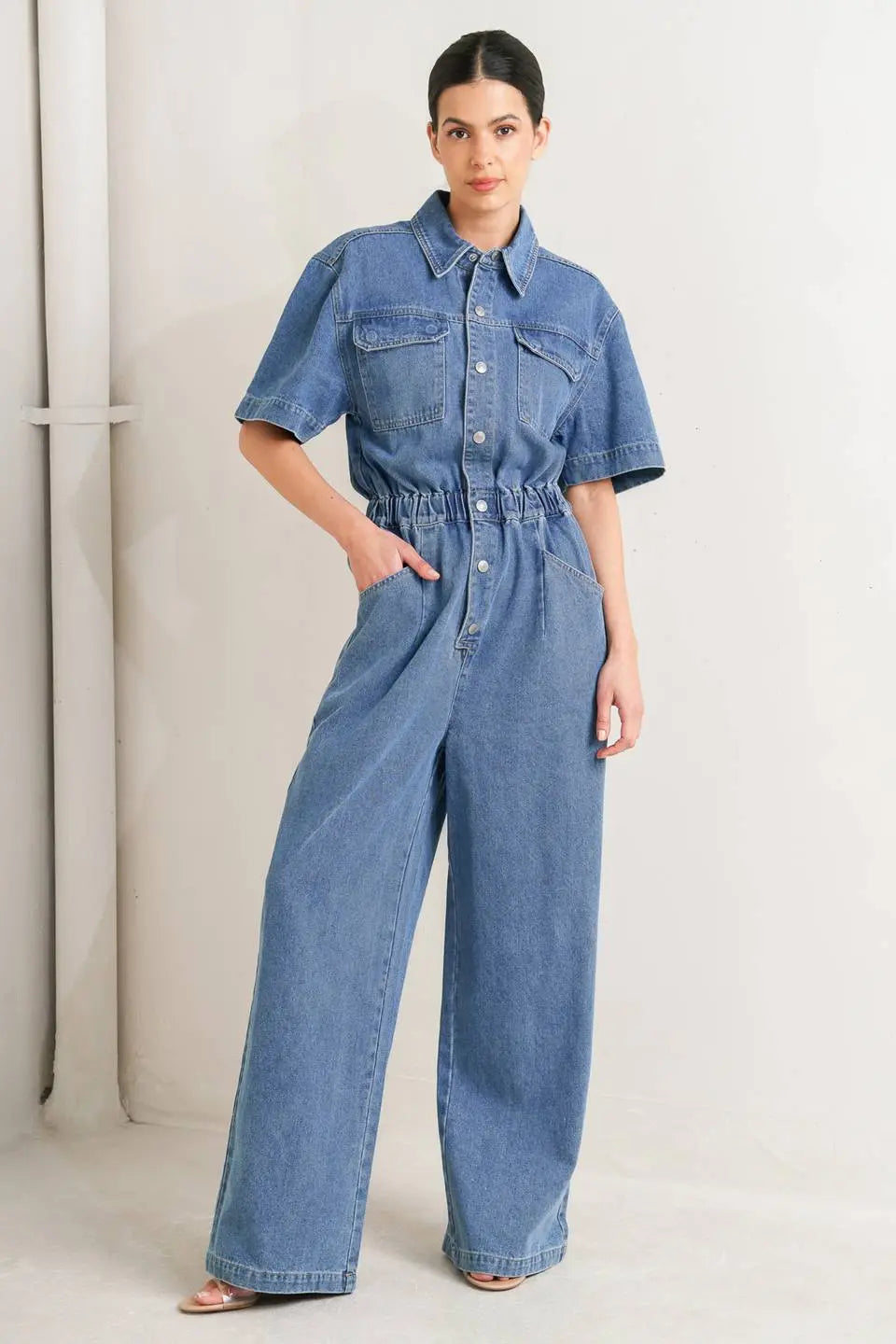 Relax Utility Denim Jumpsuit Short Sleeve With Elastic Waist And Wide Leg Flying Tomato