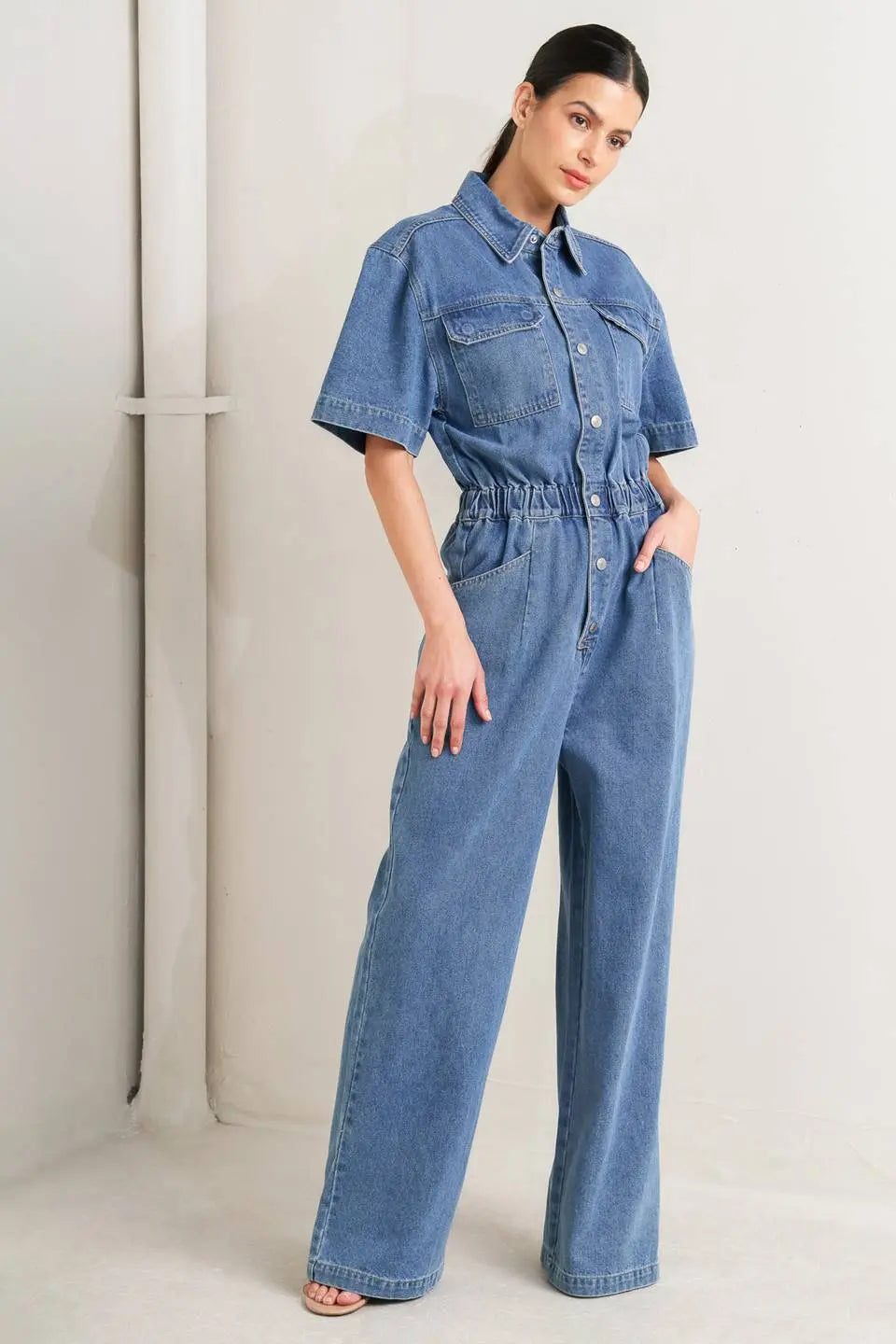 Relax Utility Denim Jumpsuit Short Sleeve With Elastic Waist And Wide Leg Flying Tomato