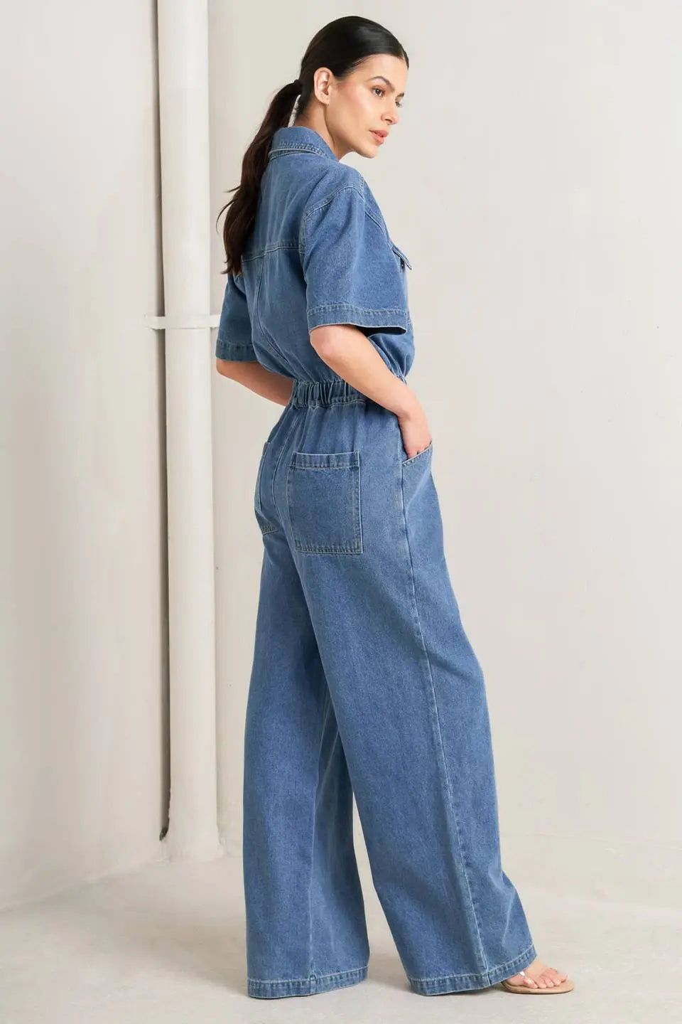 Relax Utility Denim Jumpsuit Short Sleeve With Elastic Waist And Wide Leg Flying Tomato