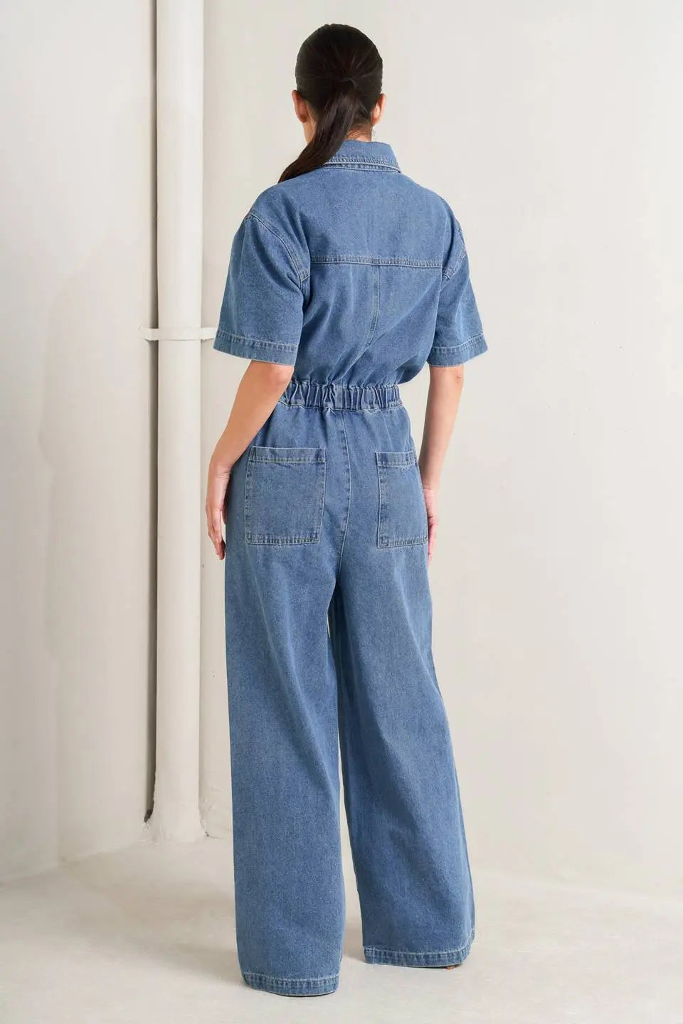 Relax Utility Denim Jumpsuit Short Sleeve With Elastic Waist And Wide Leg Flying Tomato