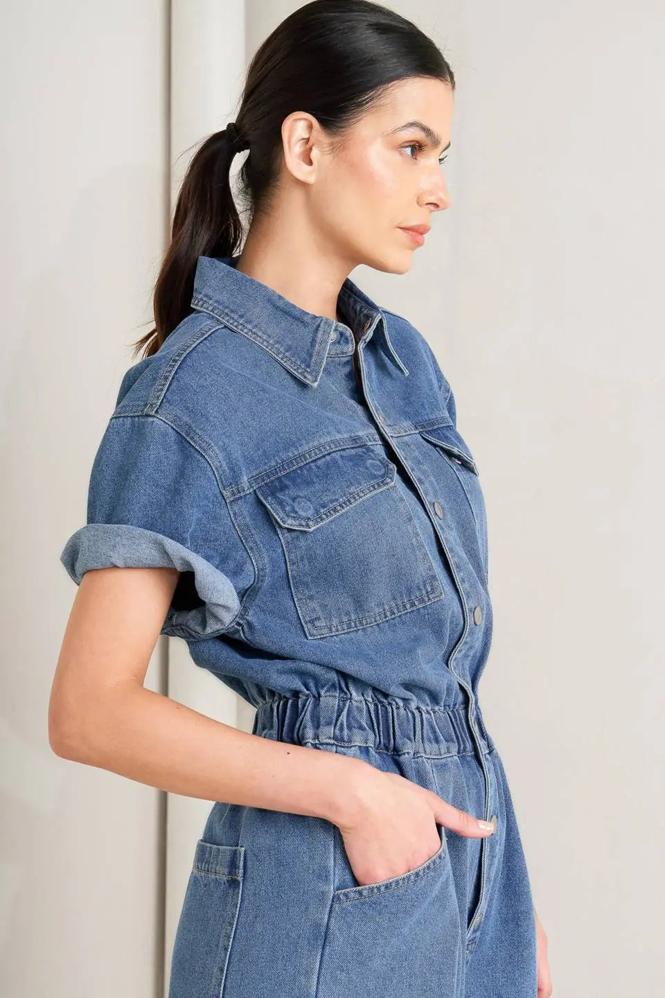 Relax Utility Denim Jumpsuit Short Sleeve With Elastic Waist And Wide Leg Flying Tomato