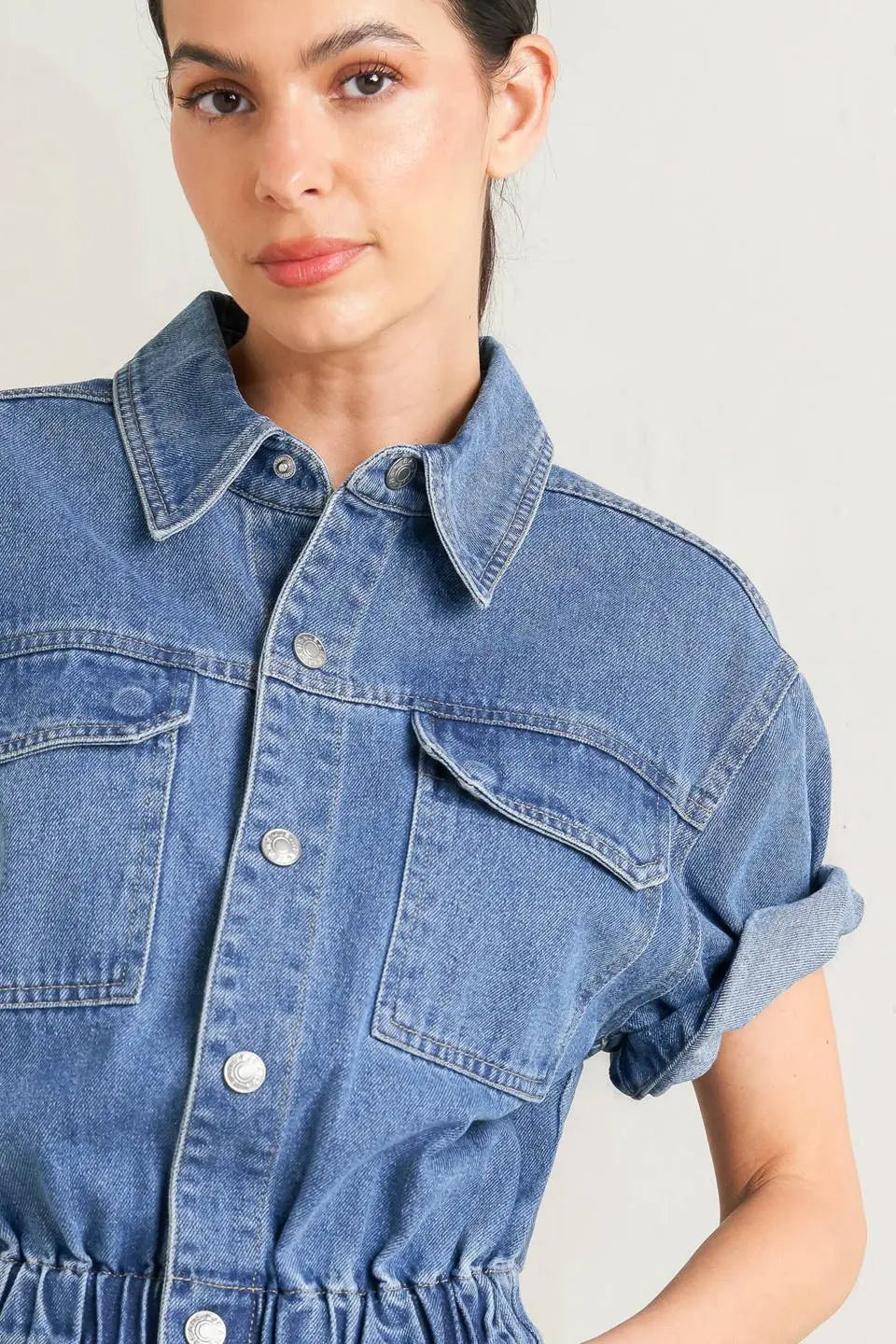 Relax Utility Denim Jumpsuit Short Sleeve With Elastic Waist And Wide Leg Flying Tomato