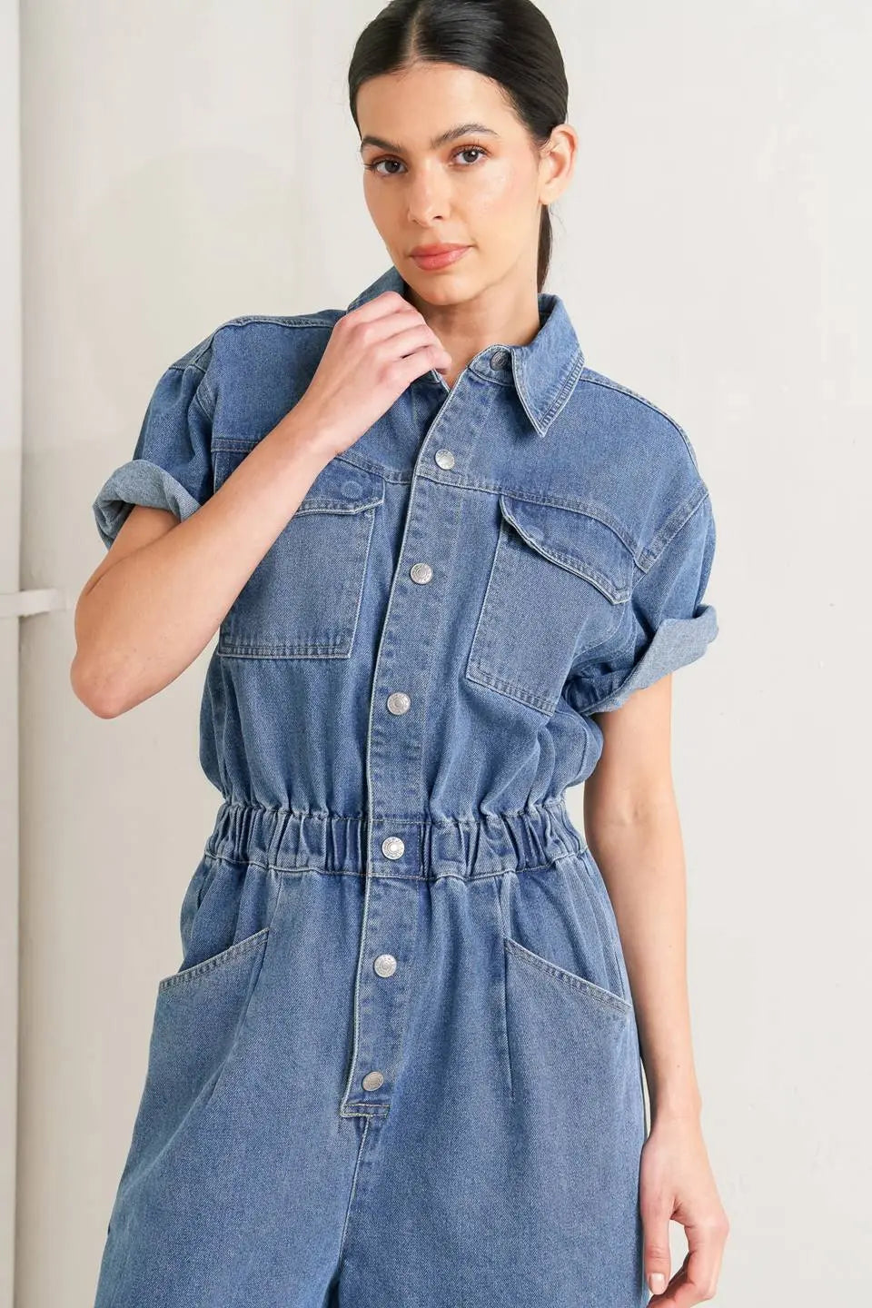 Relax Utility Denim Jumpsuit Short Sleeve With Elastic Waist And Wide Leg Flying Tomato