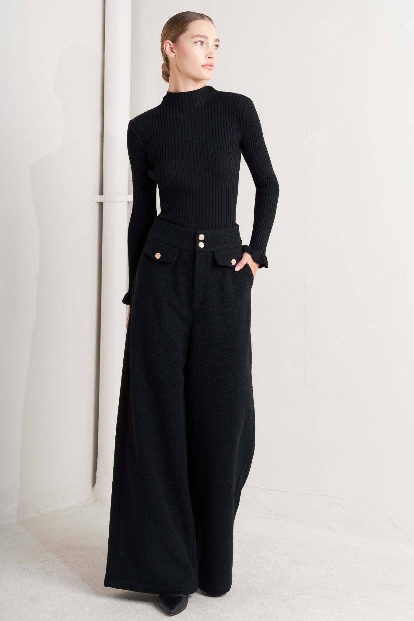 Prestige Volume Black Woven Pants With Front Closure And Wide Leg Matching Vest Flying Tomato