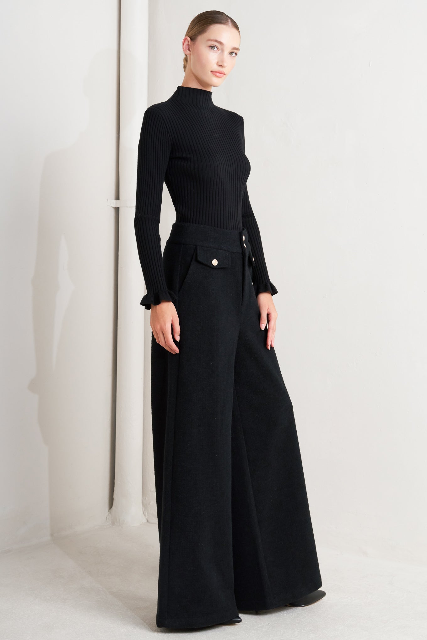 Prestige Volume Black Woven Pants With Front Closure And Wide Leg Matching Vest Flying Tomato