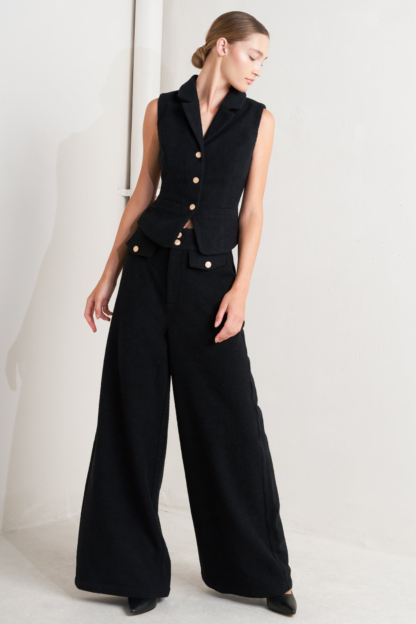 Prestige Volume Black Woven Pants With Front Closure And Wide Leg Matching Vest Flying Tomato