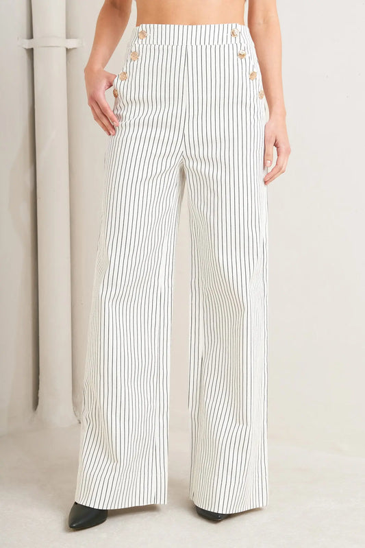 Effortless Stripe Woven Pants With Side Button Details And Pockets Wide Leg Flying Tomato