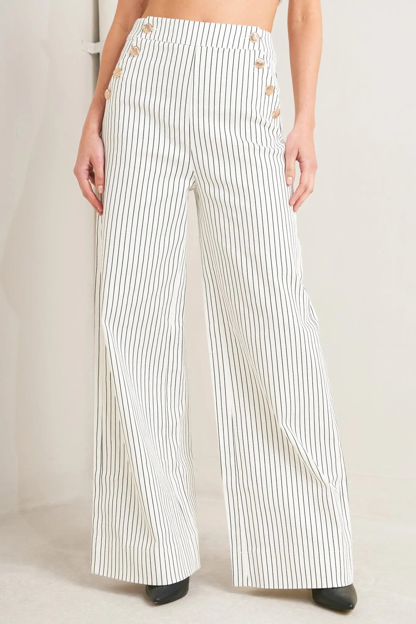Effortless Stripe Woven Pants With Side Button Details And Pockets Wide Leg Flying Tomato