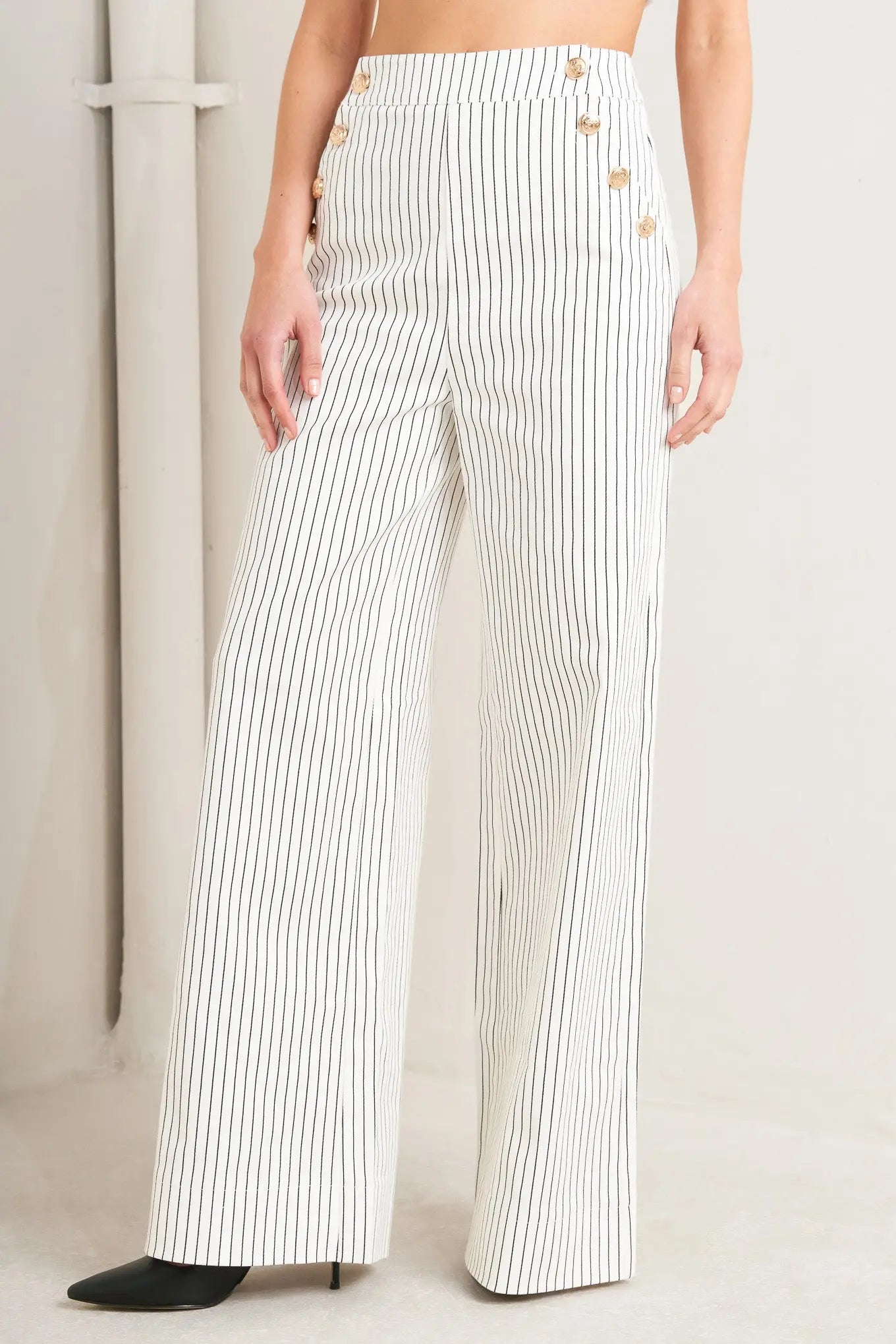 Effortless Stripe Woven Pants With Side Button Details And Pockets Wide Leg Flying Tomato