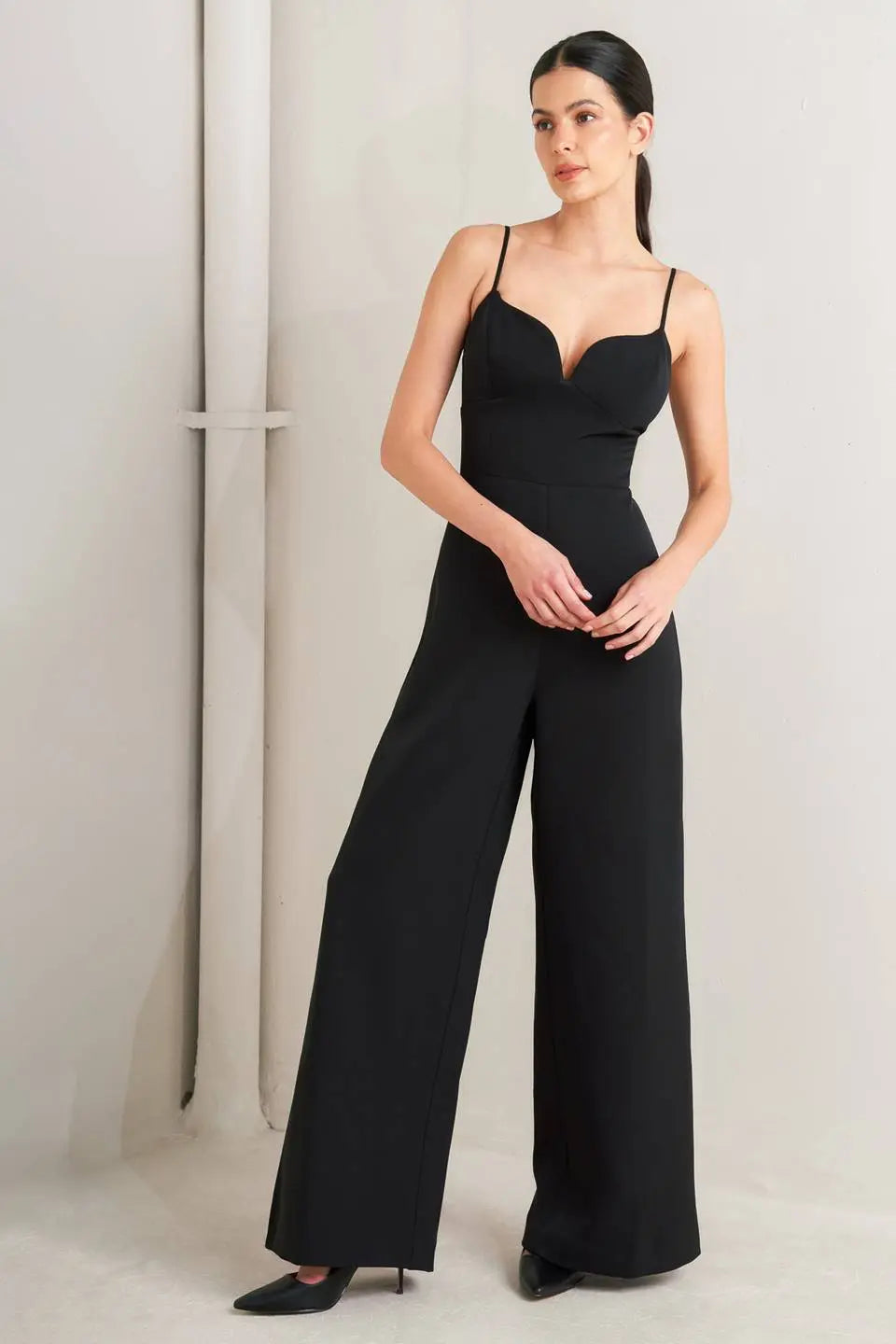 PRISTINE EDGE BLACK WOVEN JUMPSUIT Flying Tomato