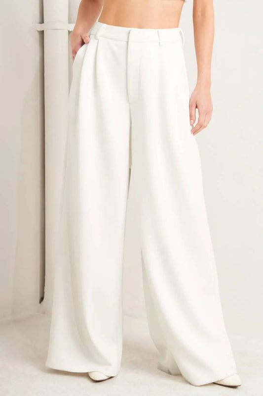 Pure Elegance Solid Woven Pants With Front Closure And Wide Leg Flying Tomato