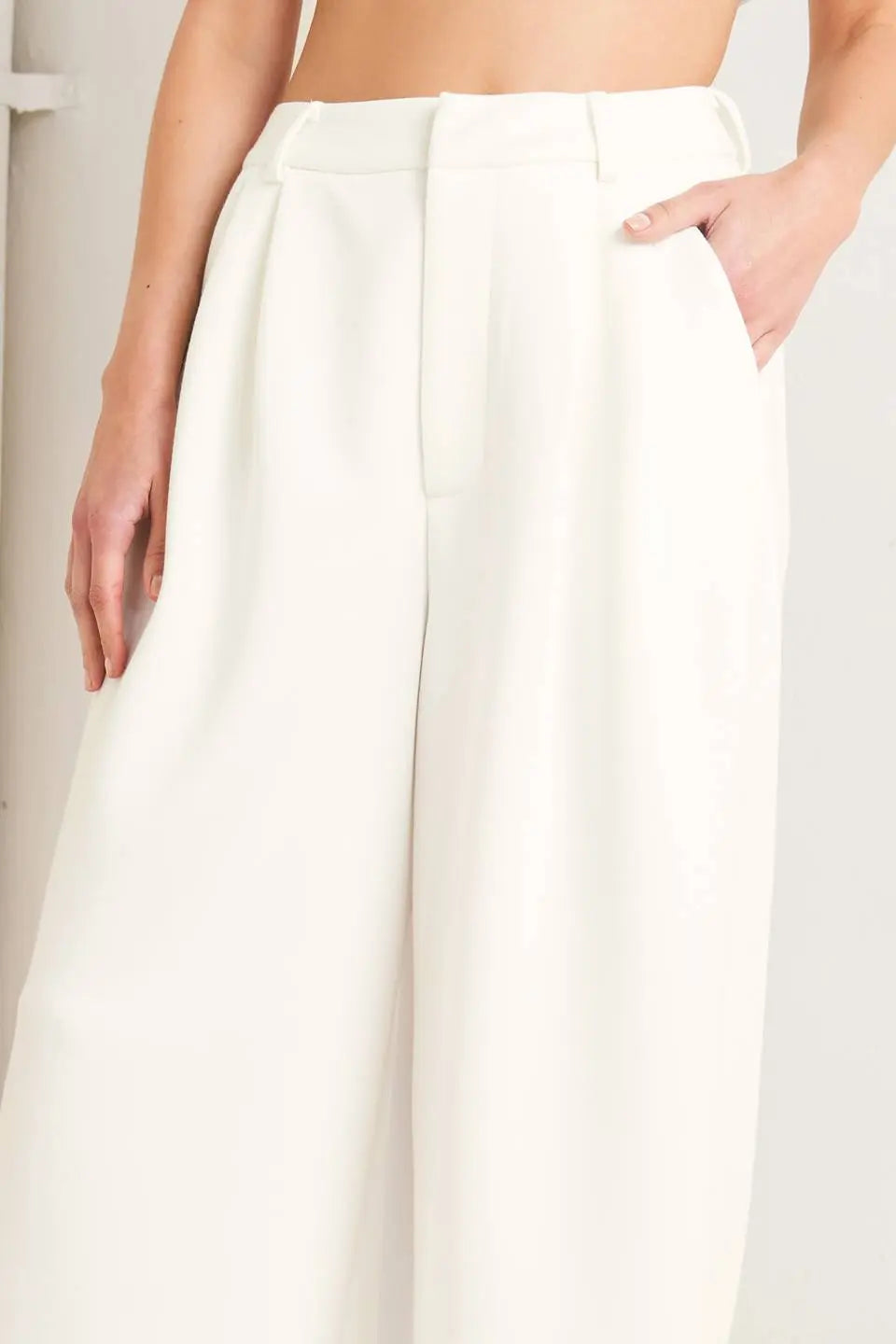 Pure Elegance Solid Woven Pants With Front Closure And Wide Leg Flying Tomato