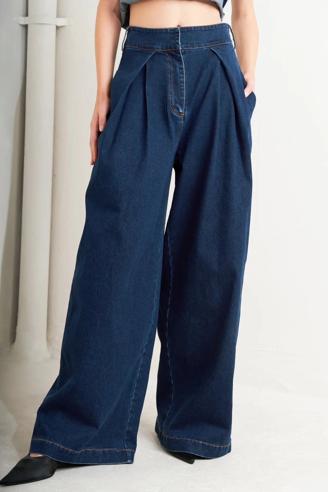 Quiet Luxe Wide Leg Denim Pants With Wide Waistband Pleat Front Closure Flying Tomato