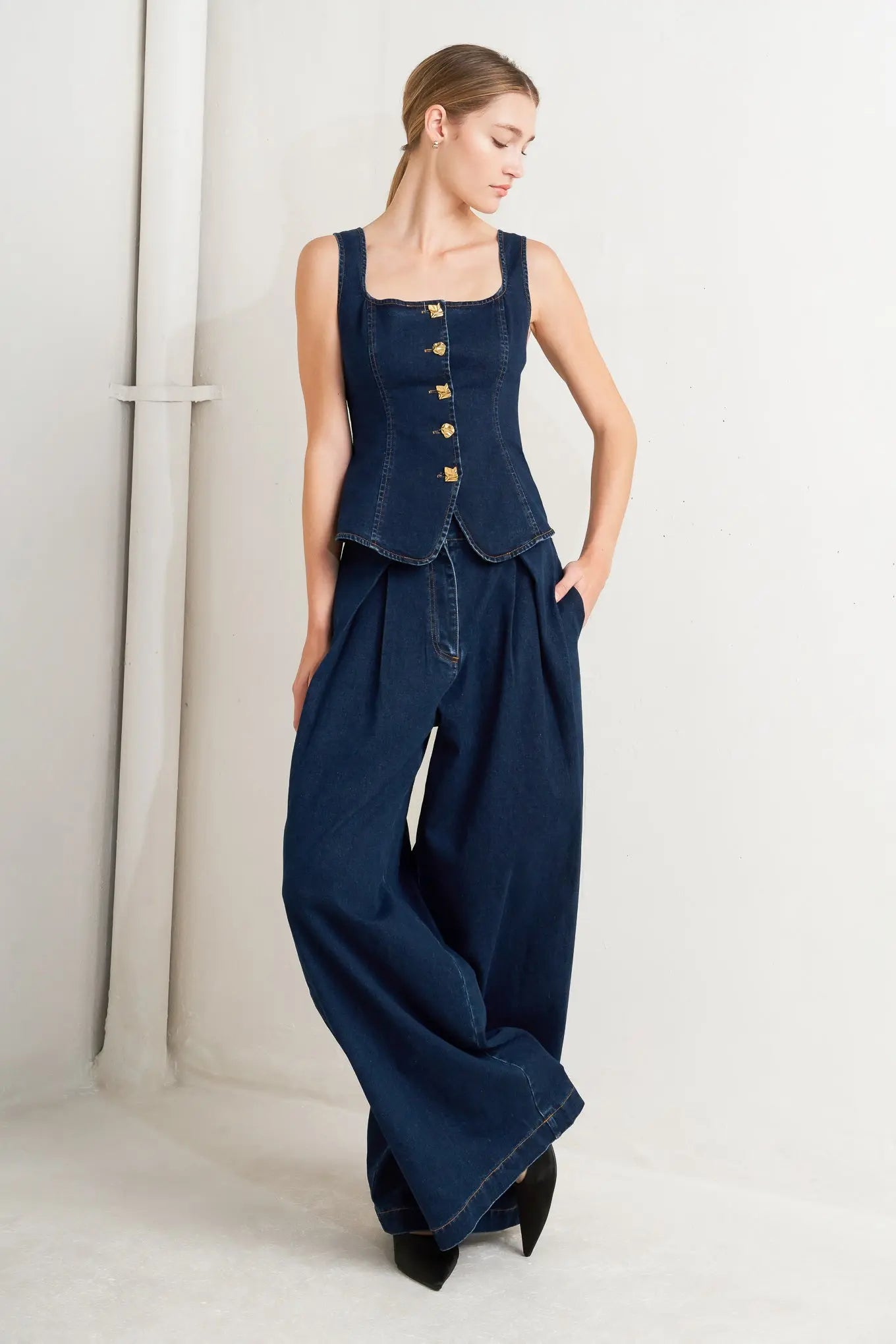 Quiet Luxe Wide Leg Denim Pants With Wide Waistband Pleat Front Closure Flying Tomato