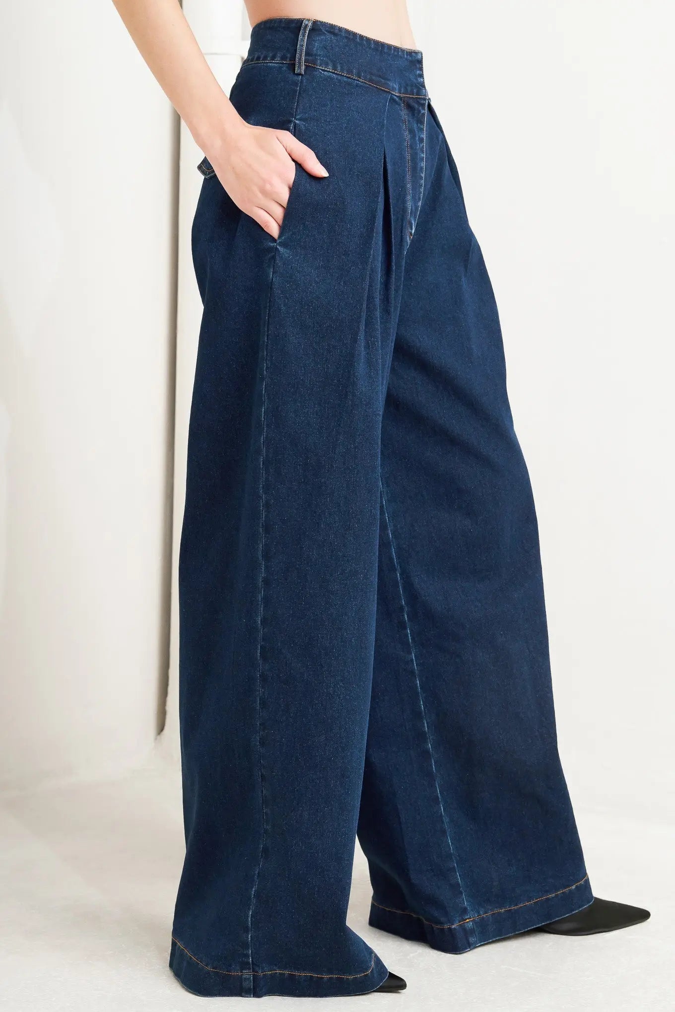Quiet Luxe Wide Leg Denim Pants With Wide Waistband Pleat Front Closure Flying Tomato