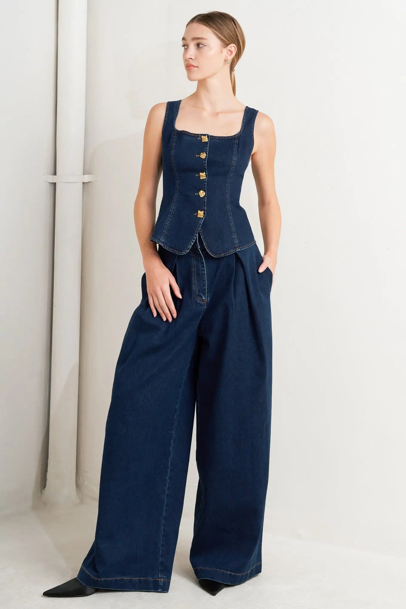 Quiet Luxe Wide Leg Denim Pants With Wide Waistband Pleat Front Closure Flying Tomato