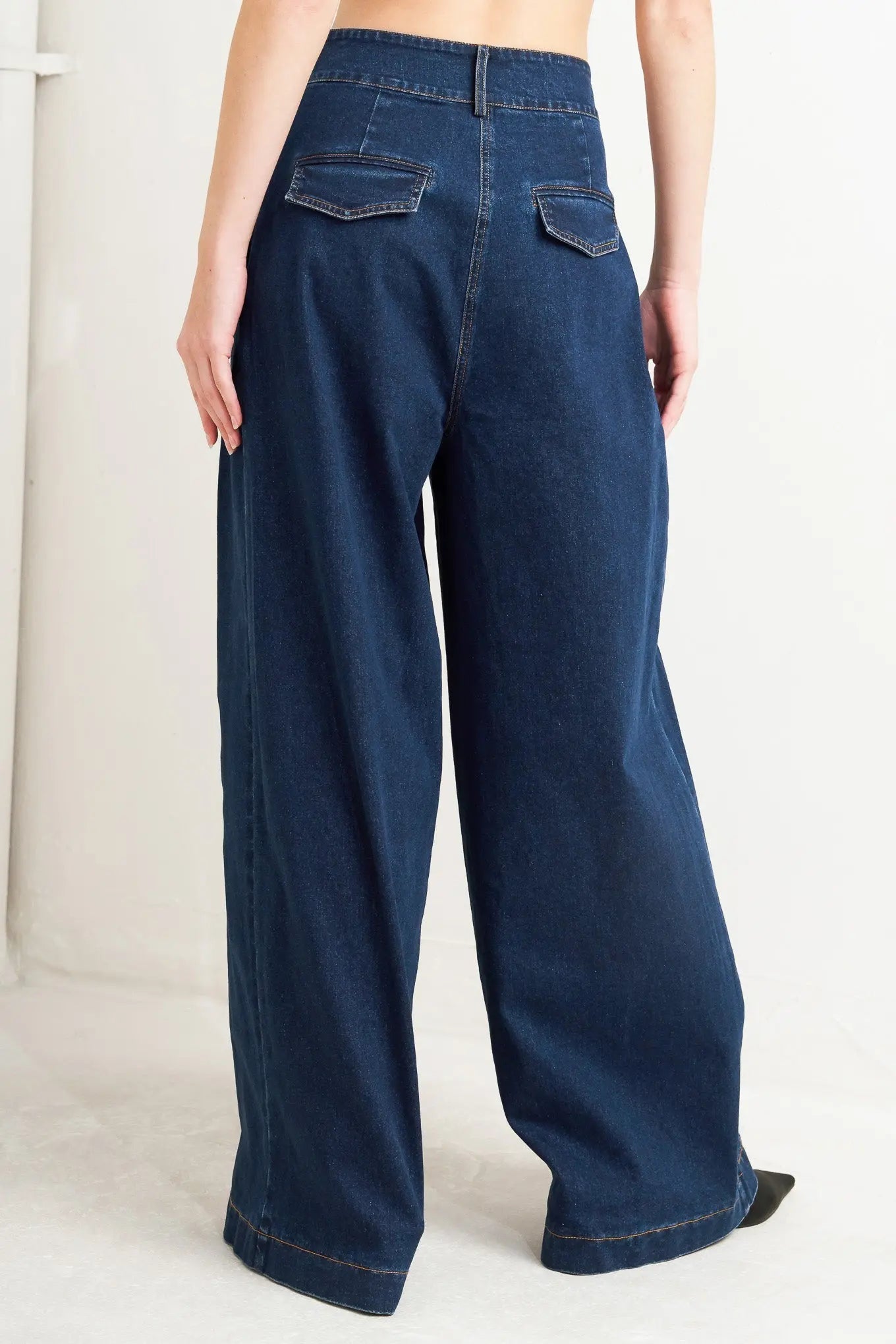 Quiet Luxe Wide Leg Denim Pants With Wide Waistband Pleat Front Closure Flying Tomato