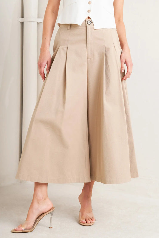 Elegant Pleat Woven Solid Cotton Culotte With Front Pockets And Closure Flying Tomato