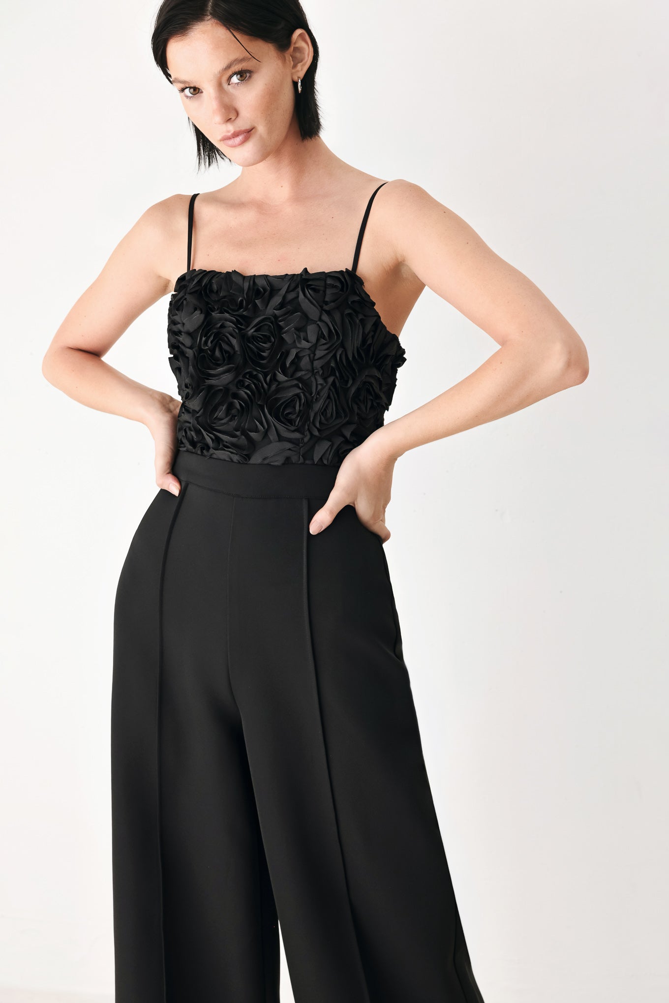 Rose All Night Women Black Rosette Applique Wide Leg Jumpsuit