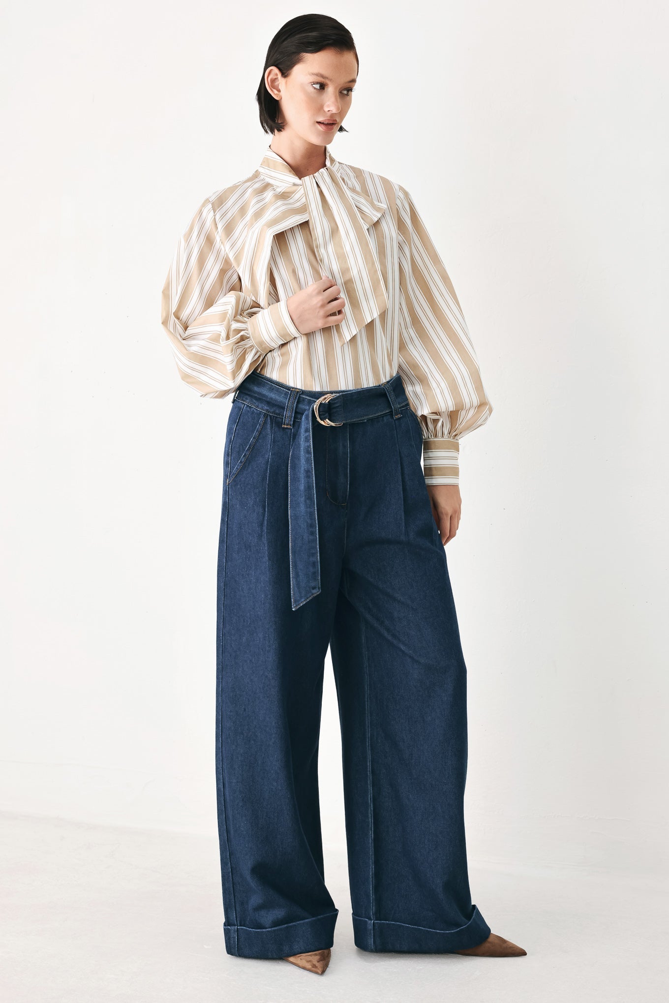 Deep Indigo Modern Muse Wide Leg Denim Pants With Belt
