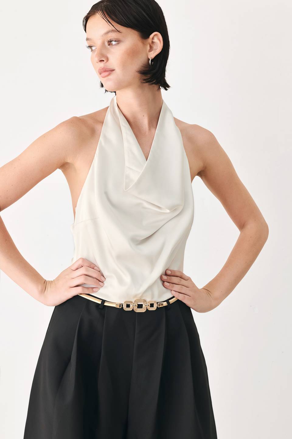 Black And Cream Draped Halter Wide Leg Woven Jumpsuit Belt Pockets