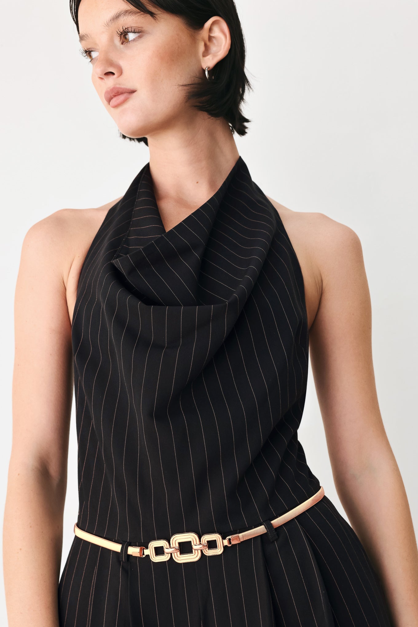 Black Pinstripe Halter Neck Wide Leg Jumpsuit With Gold Chain Belt